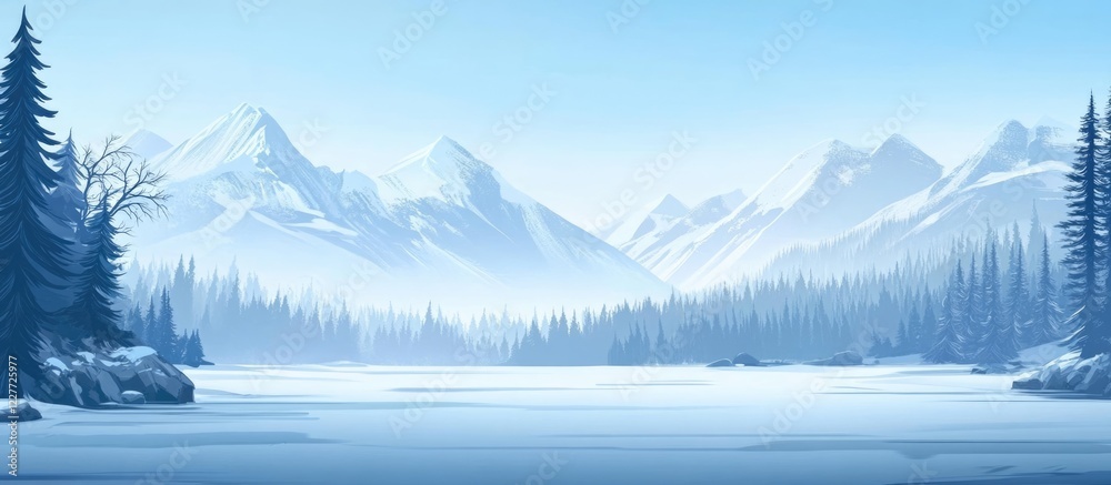 Poster serene winter landscape with snow-capped mountains and a frozen lake offering spacious clear copy sp