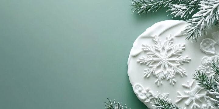 Elegant Holiday Cake with Snowflake and Pine Needle Design on Soft Green Background and Space for Custom Text or Branding