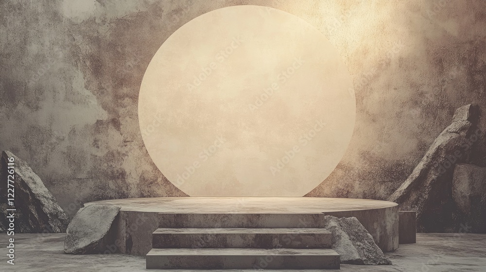 Poster sepia toned grunge stage mockup with circular background and stone elements for photo and video prod