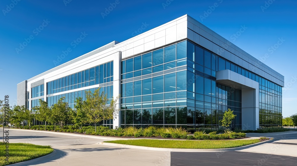 Poster modern office building showcasing sleek architectural design with large glass windows and well-maint