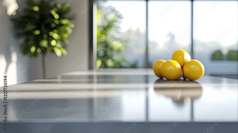 Poster bright kitchen with sleek gray countertop reflecting light and yellow lemons strategically placed in