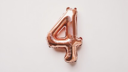 Rose gold helium balloon shaped as number four against a clean white background ideal for birthday celebrations or event decoration.