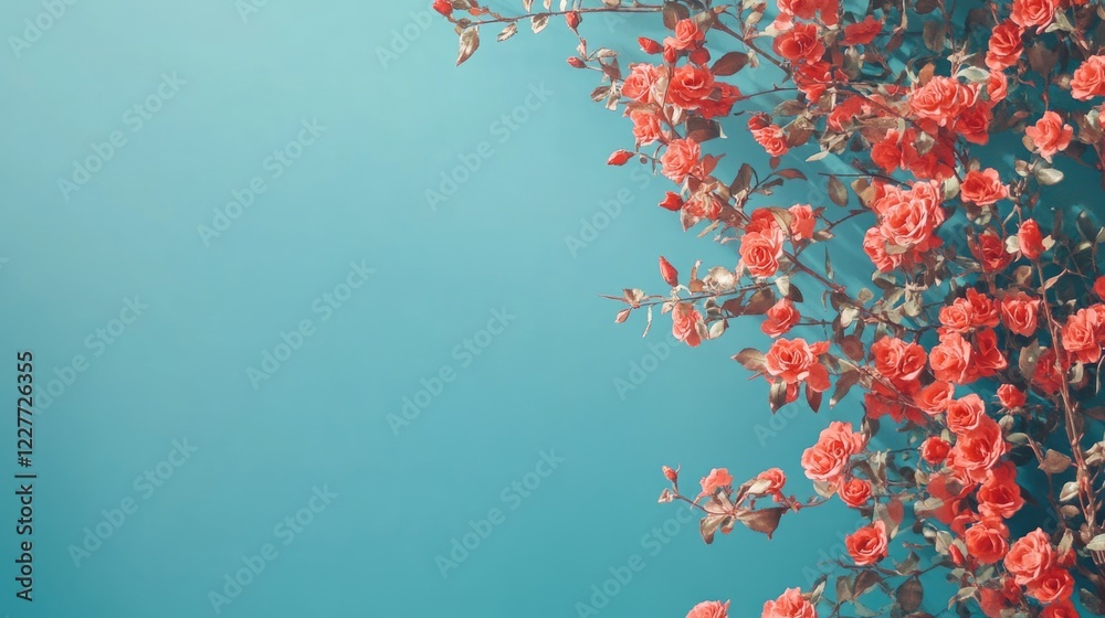 Poster Vibrant rose bush in full bloom against a serene blue background with ample empty space for text or design elements.