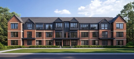 Contemporary apartment building exterior with dormer windows and clear sky ideal for architectural and real estate marketing purposes