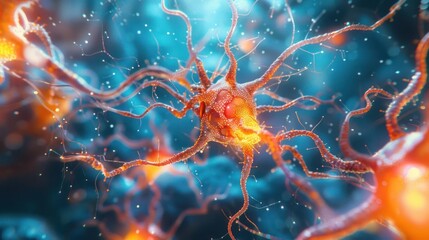 Close-up view of a neuron with glowing connections in a vibrant, abstract scientific background