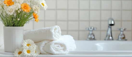 Elegant bathroom d&Atilde;&copy;cor featuring a white bathtub, fresh flowers, and neatly rolled towels, creating a serene and inviting atmosphere.