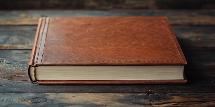Elegant leather photo album with blank cover resting on rustic wooden surface ideal for personalization and creative projects