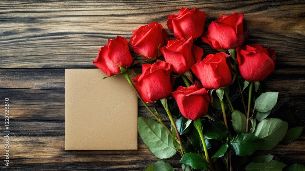 Poster elegant red rose bouquet with blank greeting card on rustic wooden background for festive occasions 