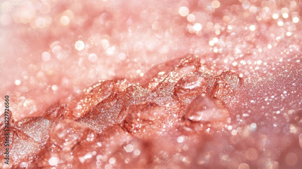 Poster Rose gold shimmering plexiglass background with sparkling droplets and a soft bokeh effect for elegant design projects.