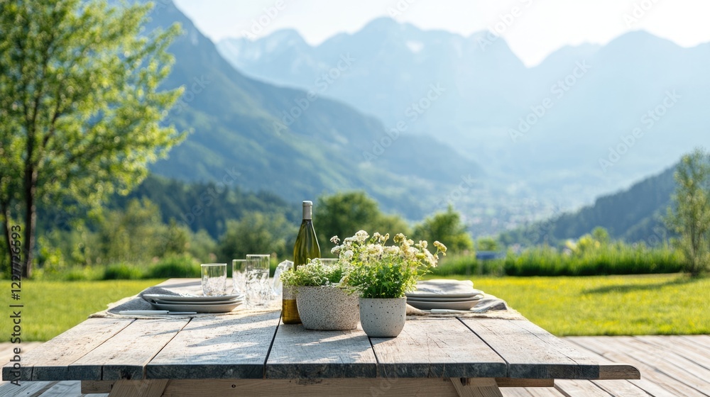 Poster Rustic outdoor dining table with mountains and greenery creating a refreshing and airy atmosphere for a serene meal experience