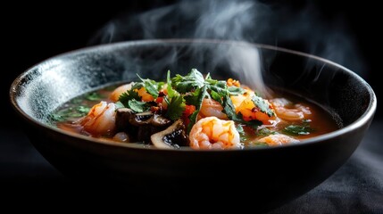 A bowl of steaming hot tom yum goong soup with shrimp, mushrooms, and fresh herbs, the spicy and sour aroma rising from the vibrant broth.