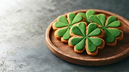 four shamrock cookies on a wooden plate.