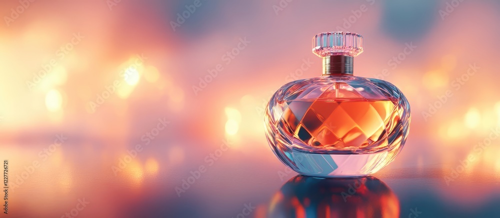 Poster Elegant perfume bottle showcasing luxury design against a soft illuminated background with copy space for branding or text placement.