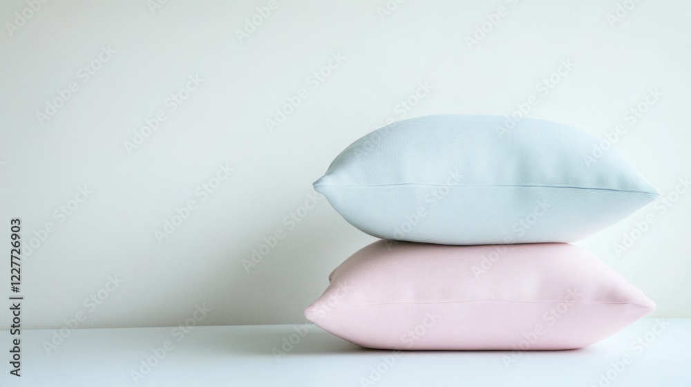 Poster Pastel Ergonomic Memory Foam Pillows Stacked on White Background with Soft Tones and Copy Space for Interior Decoration Ideas