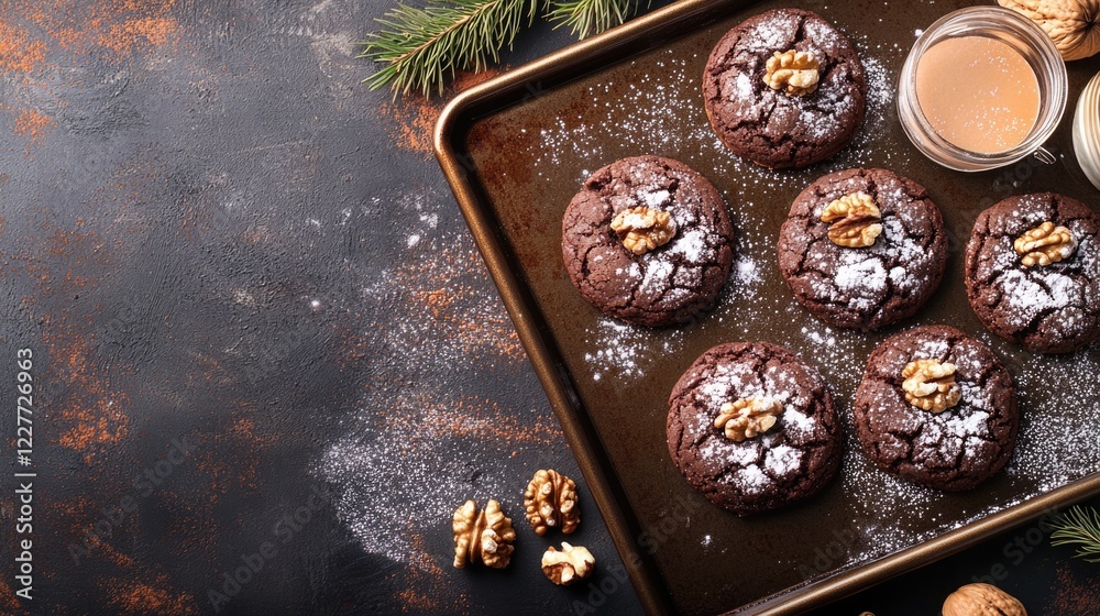 Poster Chocolate walnut cookies with powdered sugar on baking sheet dark background festive setting with empty space for text