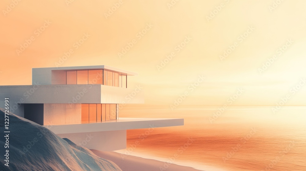 Poster Tranquil Coastal Scene with Minimalist Architecture and Soft Focus Effect Capturing International Style at Sunset