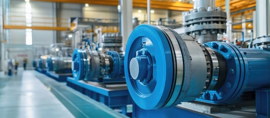 Engineering team collaborating on construction project at pump facility with tablet showcasing modern equipment and ample space for text.