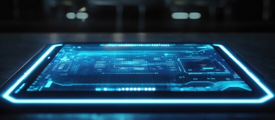 Futuristic holographic tablet interface with neon glow and ample space for customizable text or data display