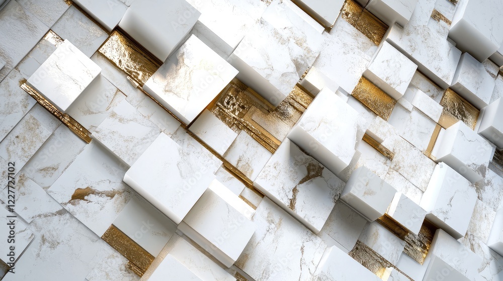 Poster modern textured wall featuring a blend of white and gold metallic squares in a sleek and sophisticat