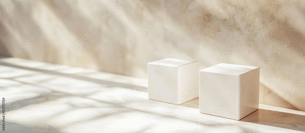 Poster Bright and serene interior featuring white cubic furniture with natural light creating a tranquil atmosphere and ample empty space for text.