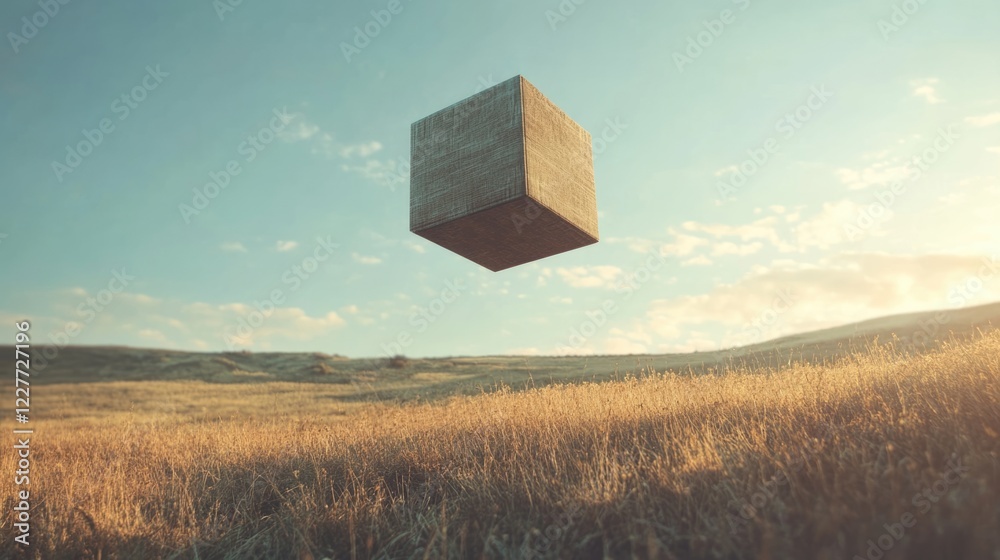 Aufkleber Floating geometric box in serene landscape with golden fields and blue sky at dawn creating a surreal and minimalistic atmosphere