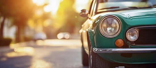 Front view of a vintage green car on a sunlit street with a warm glow and ample space for text copy or promotional content