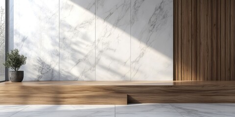 Modern Interior with Marble and Wooden Elements Featuring Blank Space for Text and Natural Light Highlights