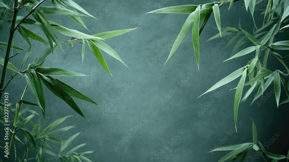 Poster Elegant bamboo leaves on a serene green background creating a tranquil and calming natural atmosphere for various design projects.