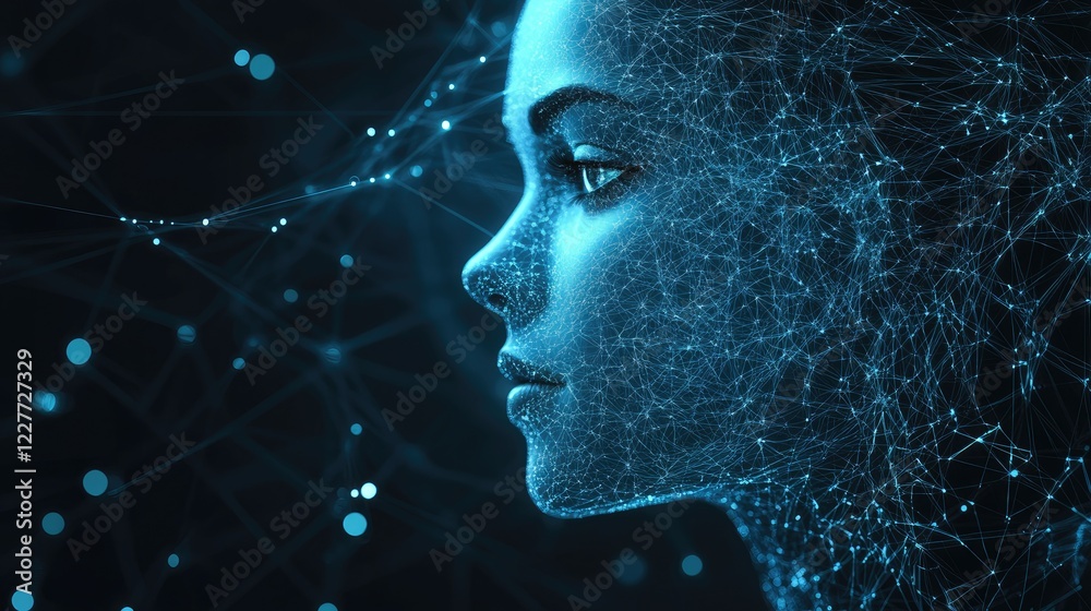 Fototapete Senior Female Data Scientist Rendering Advanced Algorithms with Neural Network Visualizations