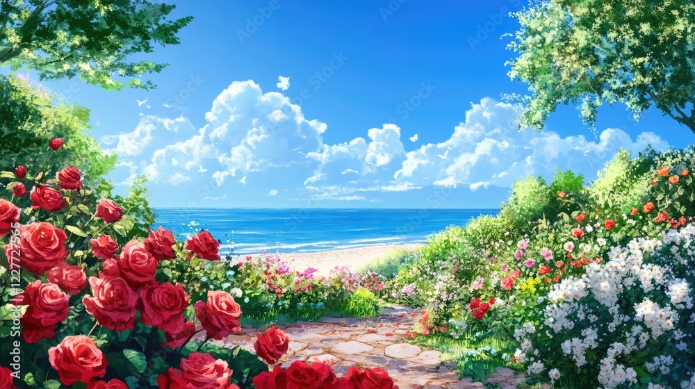 Poster vibrant rose garden overlooking sunny beach under a blue sky filled with fluffy clouds creating a pi