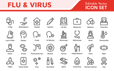 Flu and Virus Icon Set. An essential collection of icons designed to promote health awareness, perfect for enhancing medical materials, educational content, and public health campaigns.