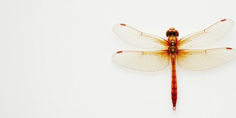Elegant gold dragonfly with vibrant wings on a minimalist white background ideal for text placement and creative designs.