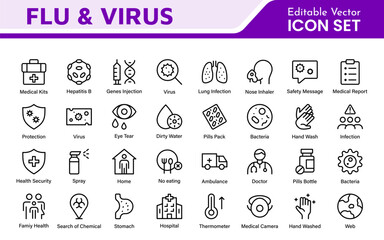 Flu and Virus Icon Set. An essential collection of icons designed to promote health awareness, perfect for enhancing medical materials, educational content, and public health campaigns.