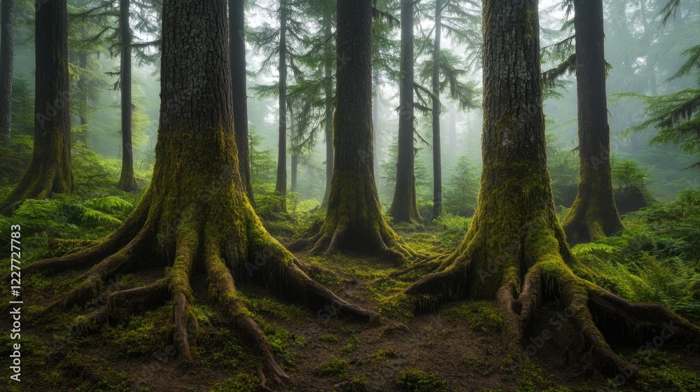 Poster Ancient forest with rooted trees surrounded by mist and lush greenery creating a mysterious and serene atmosphere.