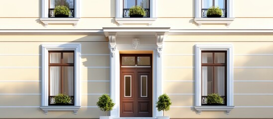 Obraz premium Elegant Classic Apartment Facade with Symmetrical Windows and Door Featuring Space for Text and Greenery Accents