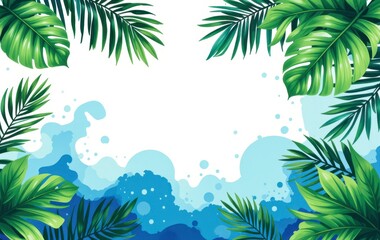 Lush Tropical Leaves Frame with Abstract Blue Water Design Summer Vacation Background