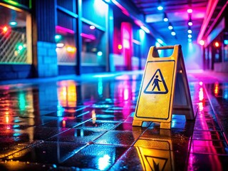 Caution Wet Floor Sign on Reflective Wet Tile at Night