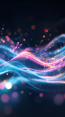 Fototapeta premium Dynamic waves and flowing lines create a vibrant 3D space. Illuminated by neon shades, the abstract design glows with blue, pink, and purple hues, offering a futuristic visual spectacle.