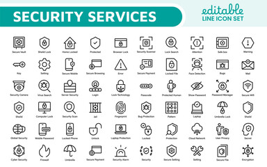 Set of Security web icons in line style. Guard, cyber security, password, smart home, safety, data protection, key, shield, lock, unlock, eye access. Security outline icon set.