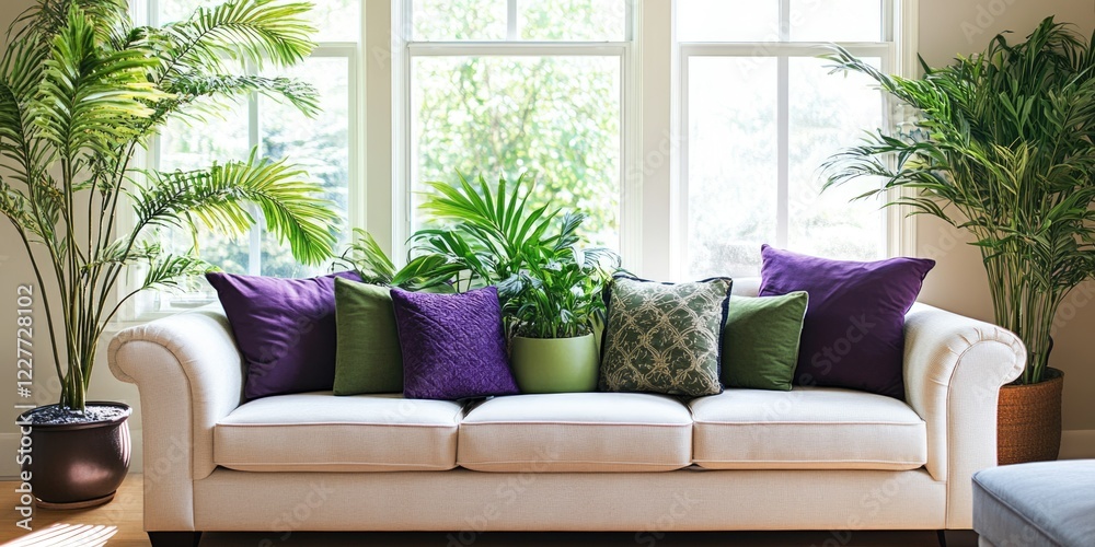 Aufkleber elegant living room with cream sofa adorned with colorful pillows tall plants and large windows crea