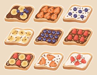 Set of Sweet Healthy Toasts with Fresh Berries. Nutritious and Delicious snacks. Vector.
