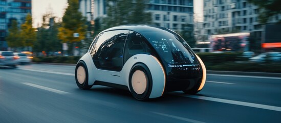 Fototapeta premium Futuristic Smart Car in Urban Traffic with Advanced Sensors and Empty Space for Customizable Text Overlay