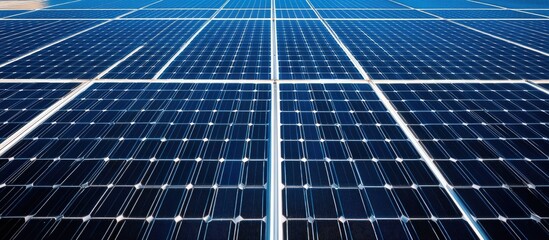 Engineer examining solar panels against a clear sky with ample space for overlaying text or graphics in a renewable energy context