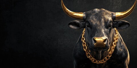 Elegant golden vintage bull with black horns and gold chain on dark background with copy space for text in high detail