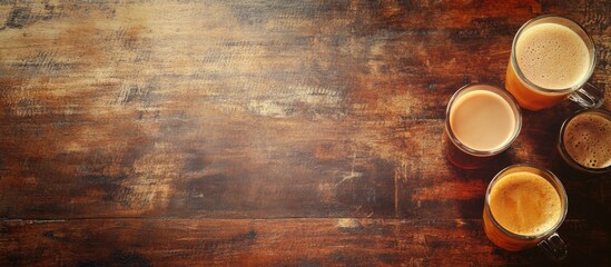 Friends Socializing with Beverages on Rustic Cafe Table Featuring Empty Space for Text or Promotions