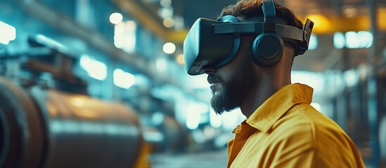 Engineers using virtual reality technology for industrial tube inspection and repair in a modern workspace with space for text.