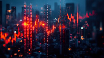 Fototapeta premium Abstract visualization of financial data overlaying a bustling city skyline at dusk, representing market trends
