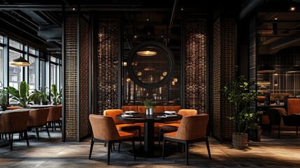 Fototapeta premium Interior of a restaurant with brown chairs and tables.
