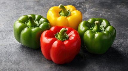 Colorful sliced bell peppers in red, green, and yellow arranged on a dark textured background for culinary and food photography.