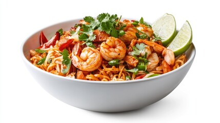 A fresh bowl of spicy tom yum noodles, topped with shrimp, lime wedges, and herbs, set against a white background to emphasize the colorful toppings.